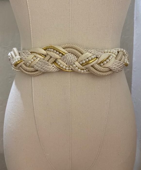 Unbranded Accessories - USED Vintage Cream/Off White Braided Woven Cord Belt with pearl & gold detailing